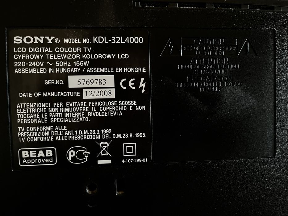 Телевизор SONY® MODEL NO. KDL-32L4000