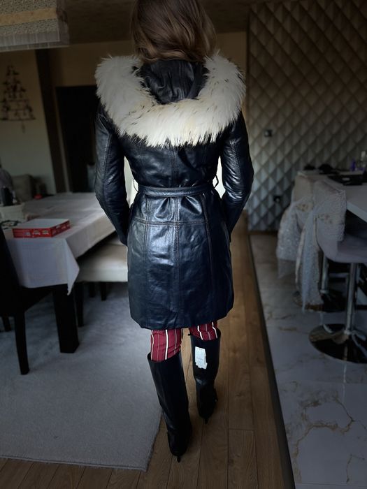 Rockeds черно кожено яке дълго палто С качулка с лисица