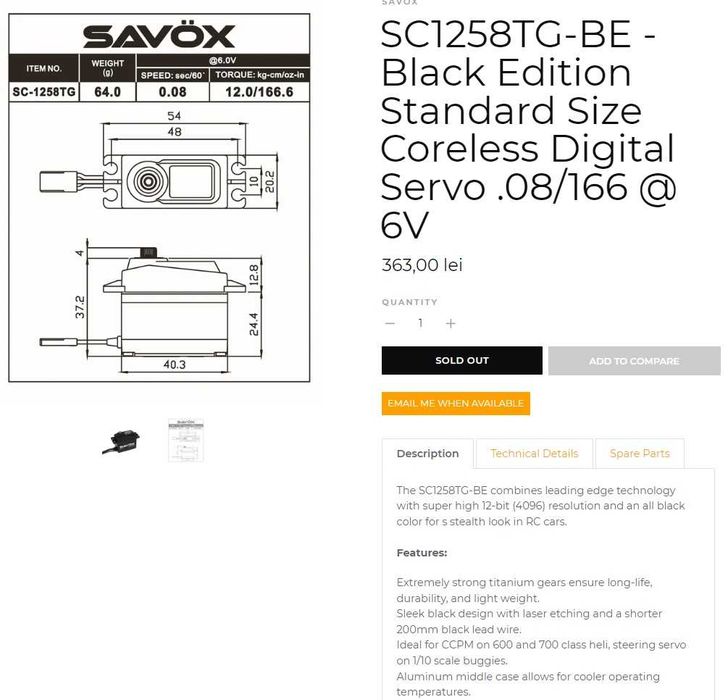 SAVOX SC1258TG-BE - Black Edition Coreless Digital Servo masina RC
