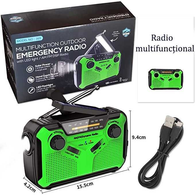 Radio Portabil Camping, cu Incarcare Solara, Baterie 4000 mAh