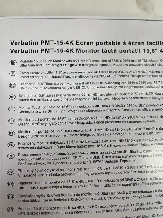 Monitor portabil Verbatim PMT-15-4K cu Ecran Tactil 15.6" Ultra -A-