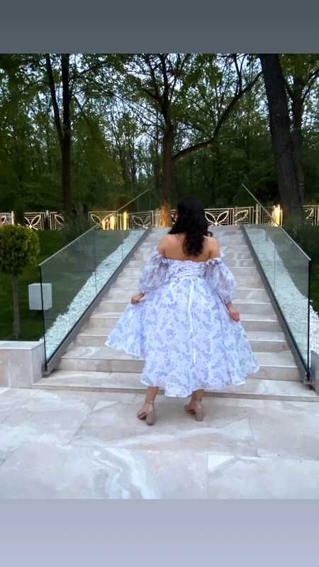 Rochie cu corset și mâneci detașabile - imprimecu cu flori de lavandă