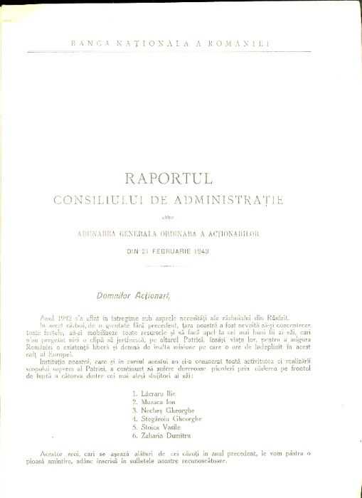BNR Raportul Consiliului de administratie Adunarea Generala 21/2 1943
