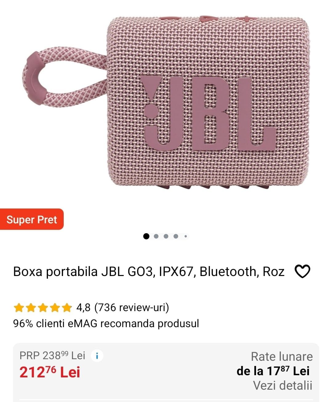 Boxa portabila JBL GO3, IPX67, Bluetooth, Roz