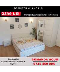 Dormitor Milano Cu Pat Alb Noptiere Si Dulap Usi Glisante Cu Oglinda