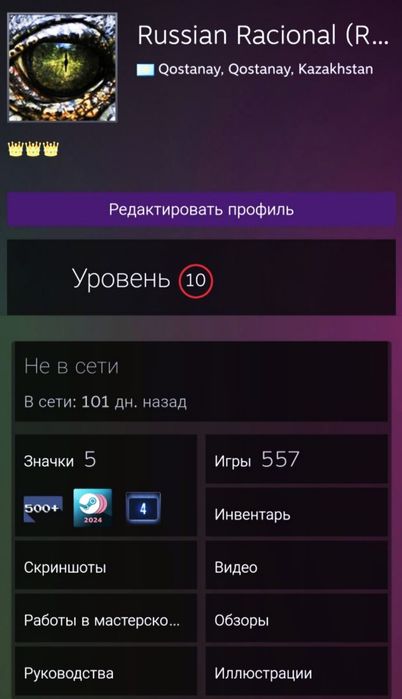 Аккаунт Steam: 550+ игр, 10 уровень, 1 пользователь, регион Казахстан.