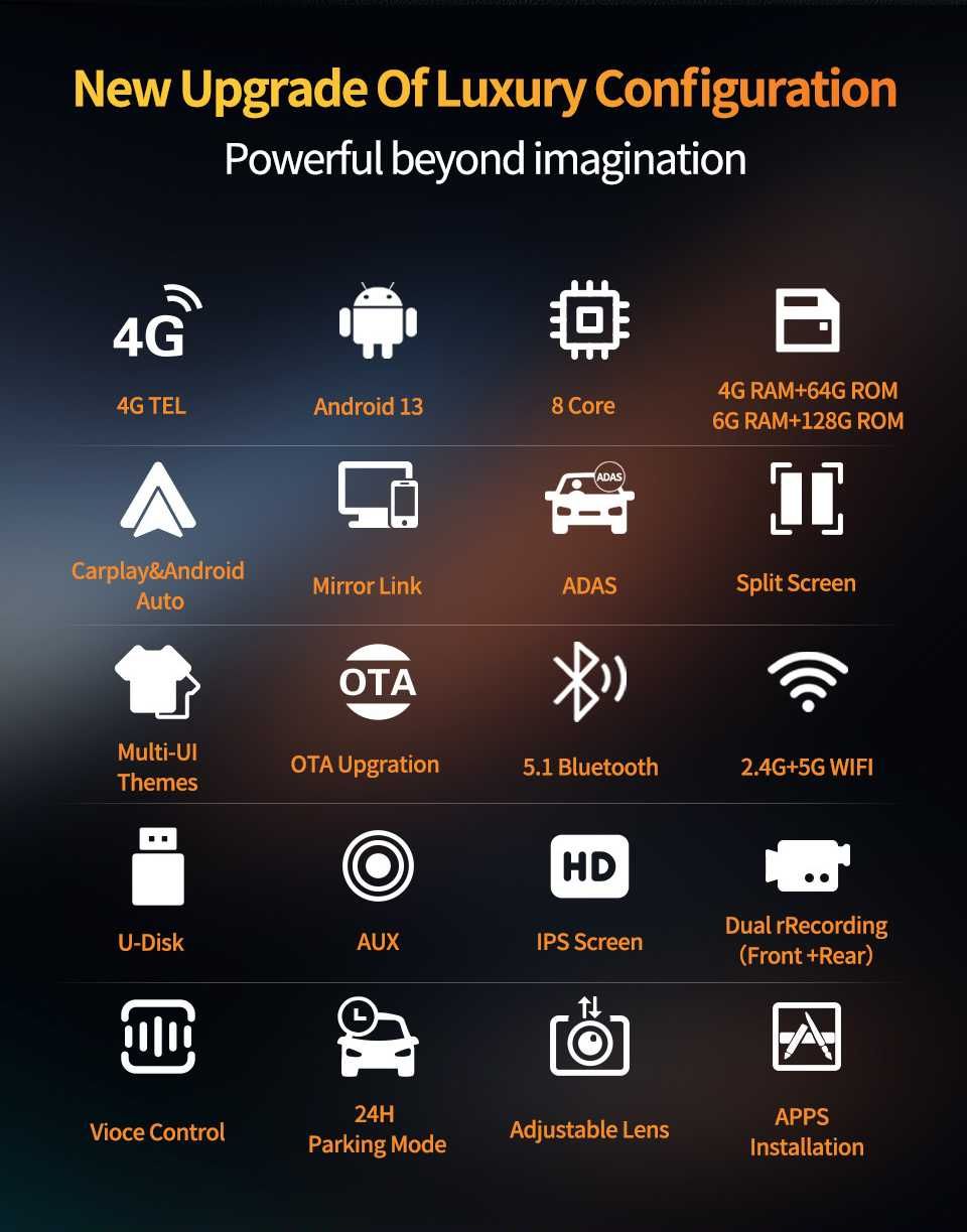 10.26-дюймовый 4G Android 13 видеорегистратор, Carplay и Android Auto
