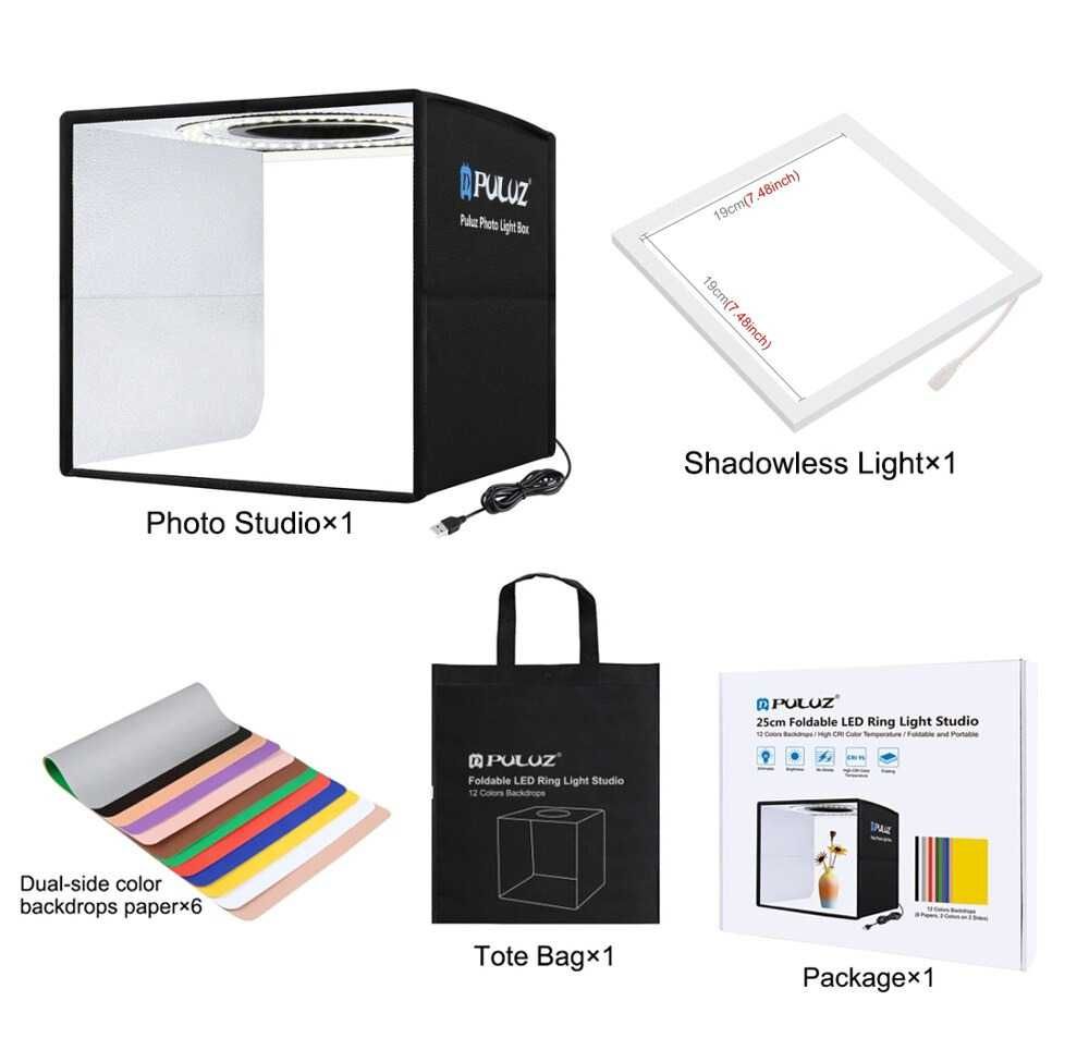 Lightbox portabil PULUZ 25cm cub foto cu LED pt fotografie de produs