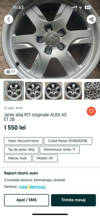 Vand genti de aliaj originale pentru Audi A5