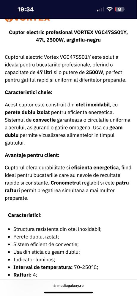 Cuptor cu conventie Vortex