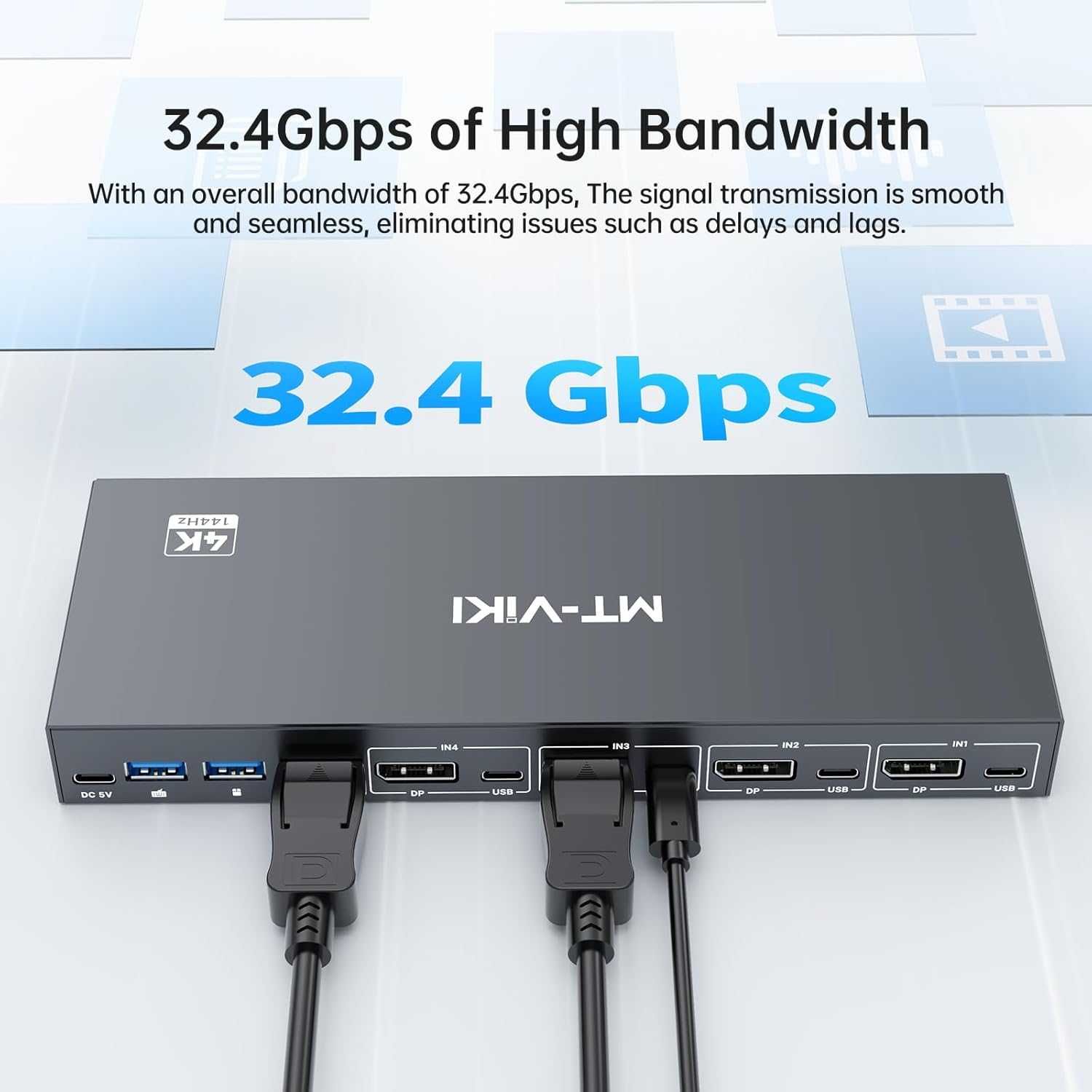 MT-VIKI 8K Displayport KVM суич 4 входа 1 изход DP1.4, 4 USB 3.0 порта
