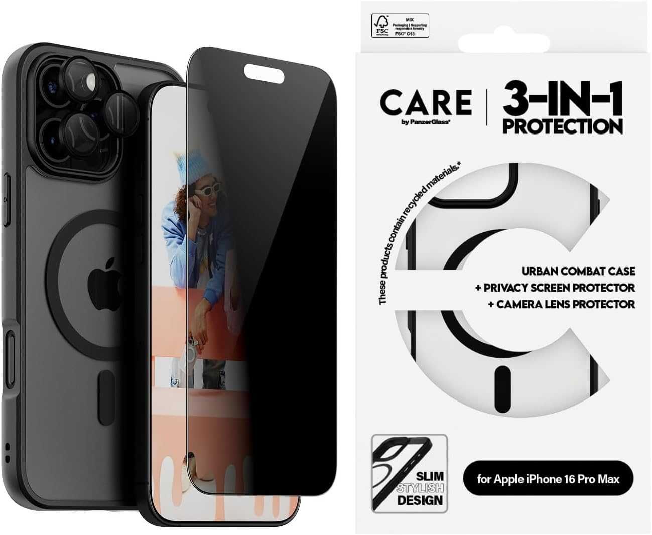CARE BY PANZERGLASS® 3-в-1 защита на поверителността iPhone 16 Pro Max