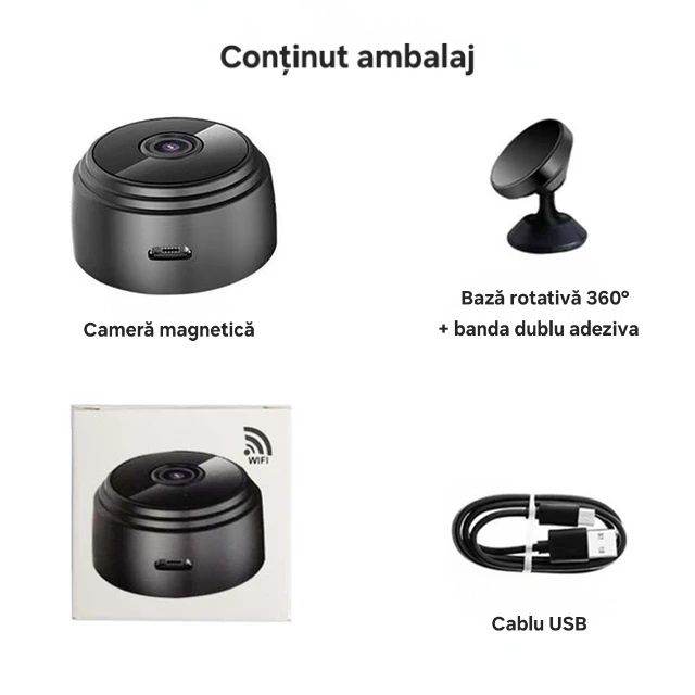 Mini cameră de supraveghere WiFi. Audio/Video.Magnetică.Bază Rotativă