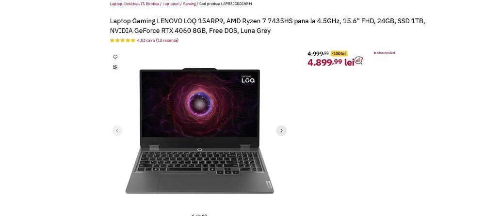 Laptop Gaming LENOVO LOQ 15ARP9,24GB, SSD 1TB, NVIDIA GeForce RTX 4060