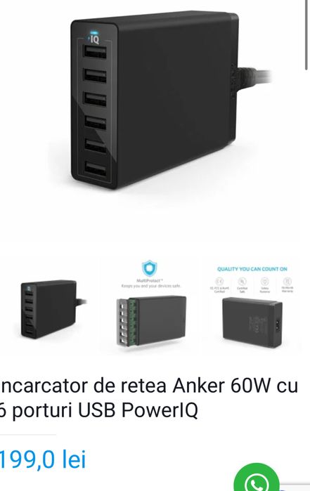 Incarcator retea Anker 60W, 6 porturi USB-A, PowerIQ, Negru