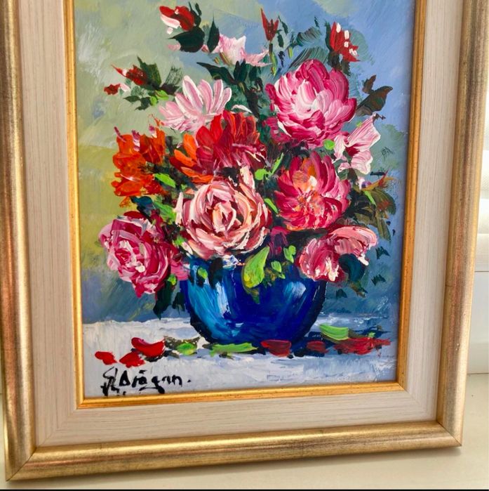 Tablou cu flori bujori rosii în vazã semnat Gheorghe Drãgan