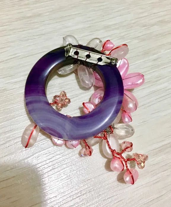 Brosa handmade cuart roz, agat, perle