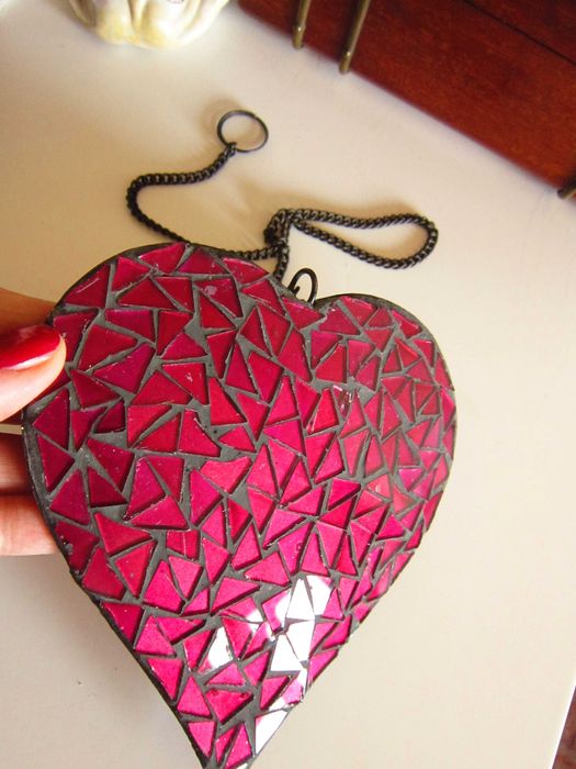 cadou rar Craciun Tiffany Heart Inima mozaic sticla metal Germany 1960