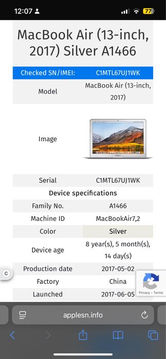 Macbook Air A 1466 2017