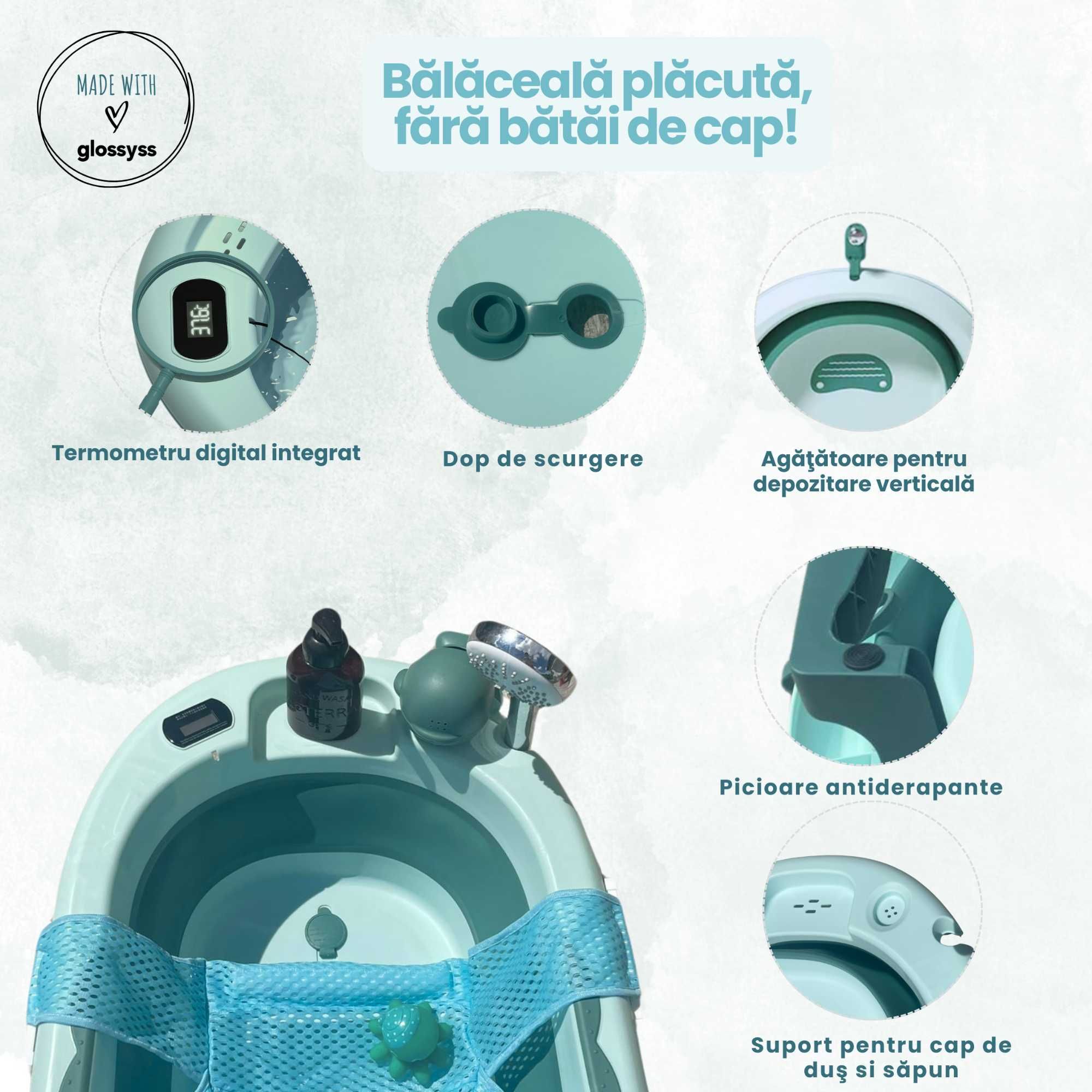 Cadita Pliabila si Evolutiva pentru baie bebe - 8 piese, Verde