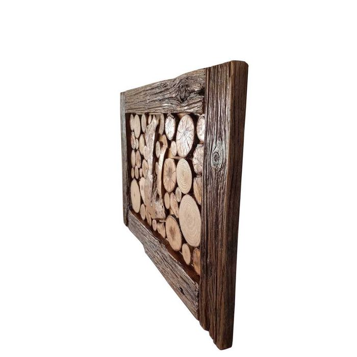 Tablou rustic handmade din rondele de lemn, rama arsa, lacuita