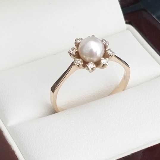 inel aur 14k cu perla akoya si diamante naturale