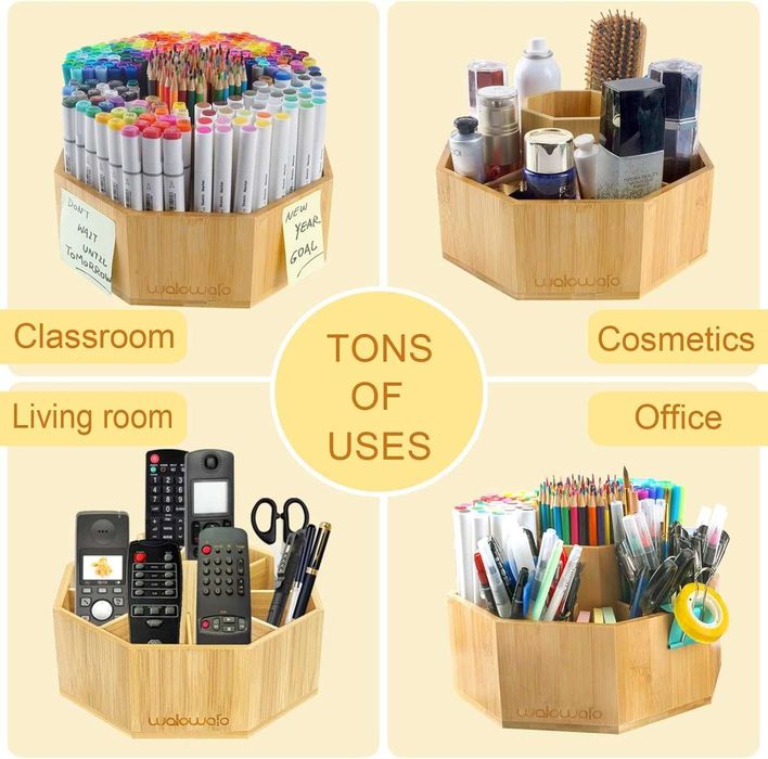 Organizator rotativ bambus, Walowalo, birou, cosmetice