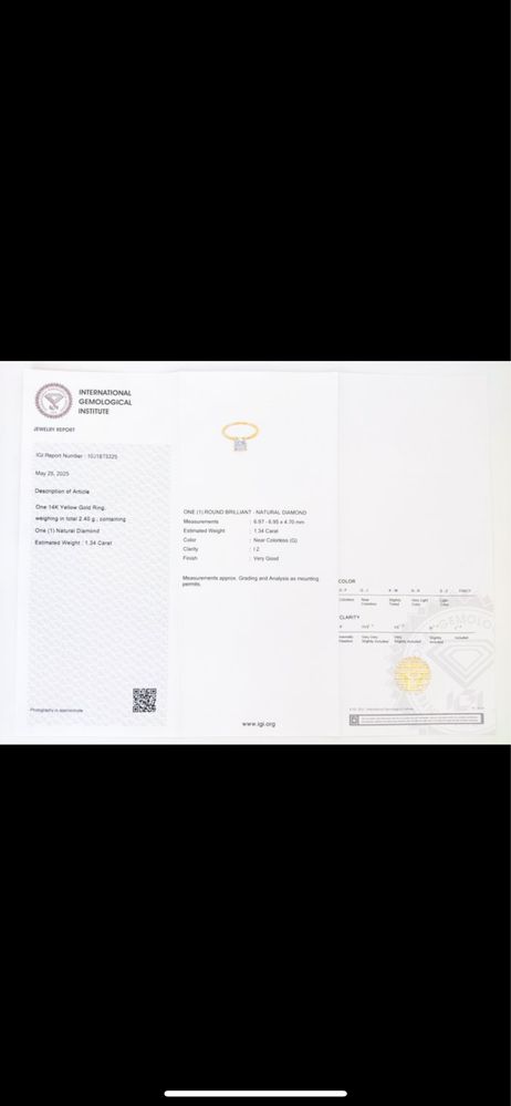 Годежен пръстен с натурален диамант 1 и 34 ct + IGI сертификат