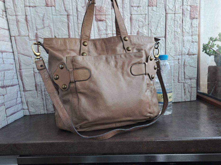 дамска чанта,бежова кожена торба-естествена кожа