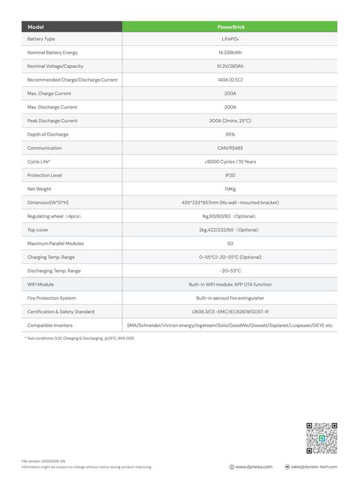 Baterie solara Dyness 14.33 kWh 51.2V LFP cu BMS integrat - PowerBrick