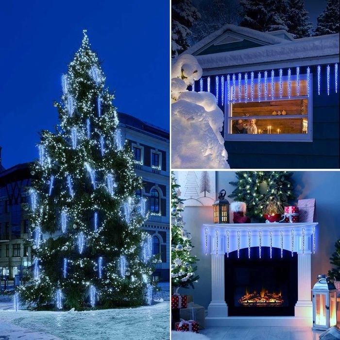 Коледни LED ледени висулки 3м – снежносиня светлина, ефект падащ сняг