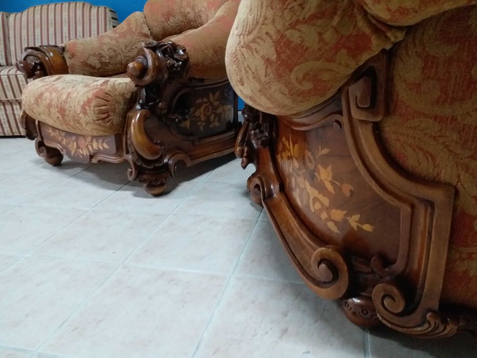 Set baroc 2 fotolii si canapea matase lemn sculptat Italia stil antic