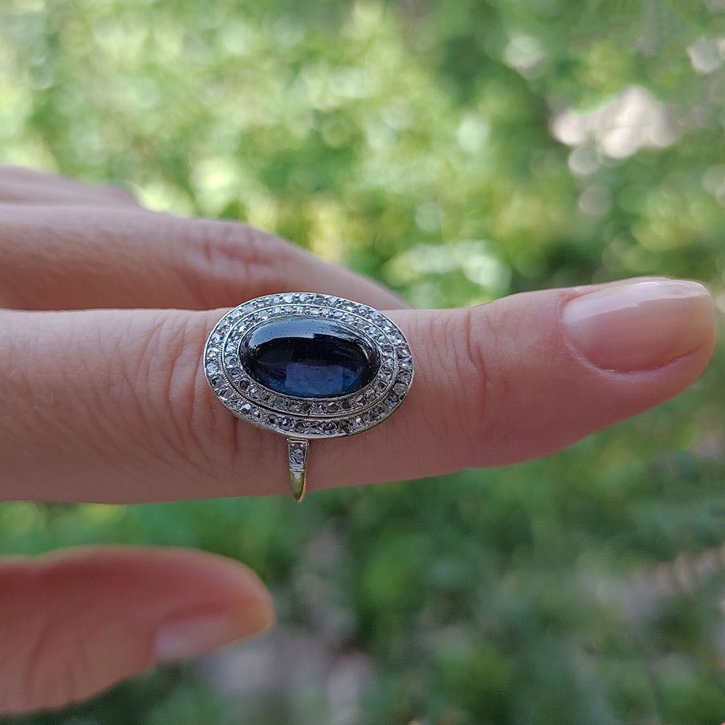 inel Art Deco, aur 18k, platina, safir, diamante, certif.