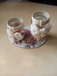 Компл. свещници или вазички стъкло с флорална текстилна декор поставка