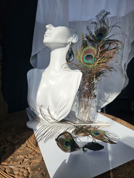 Ръчно изработени, регулируеми гривна и пръстен и обеци с паунови пера,