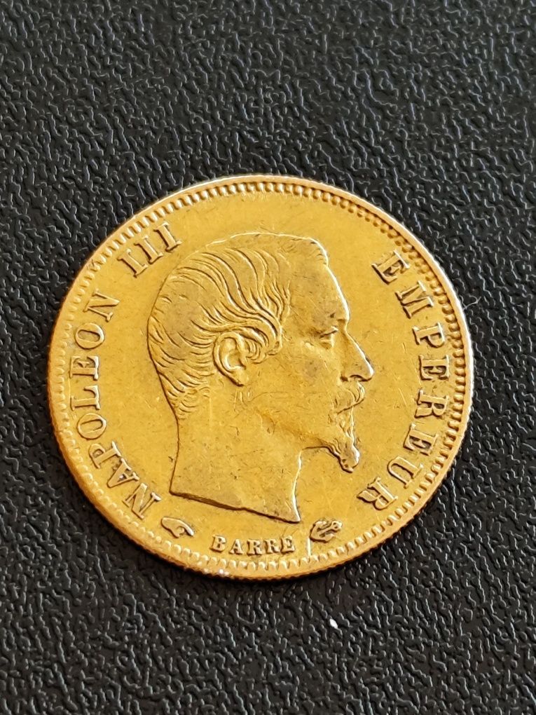 5 франка 1858 год., Наполеон III,злато 1.61 гр.,900/1000 (21.6. Карата