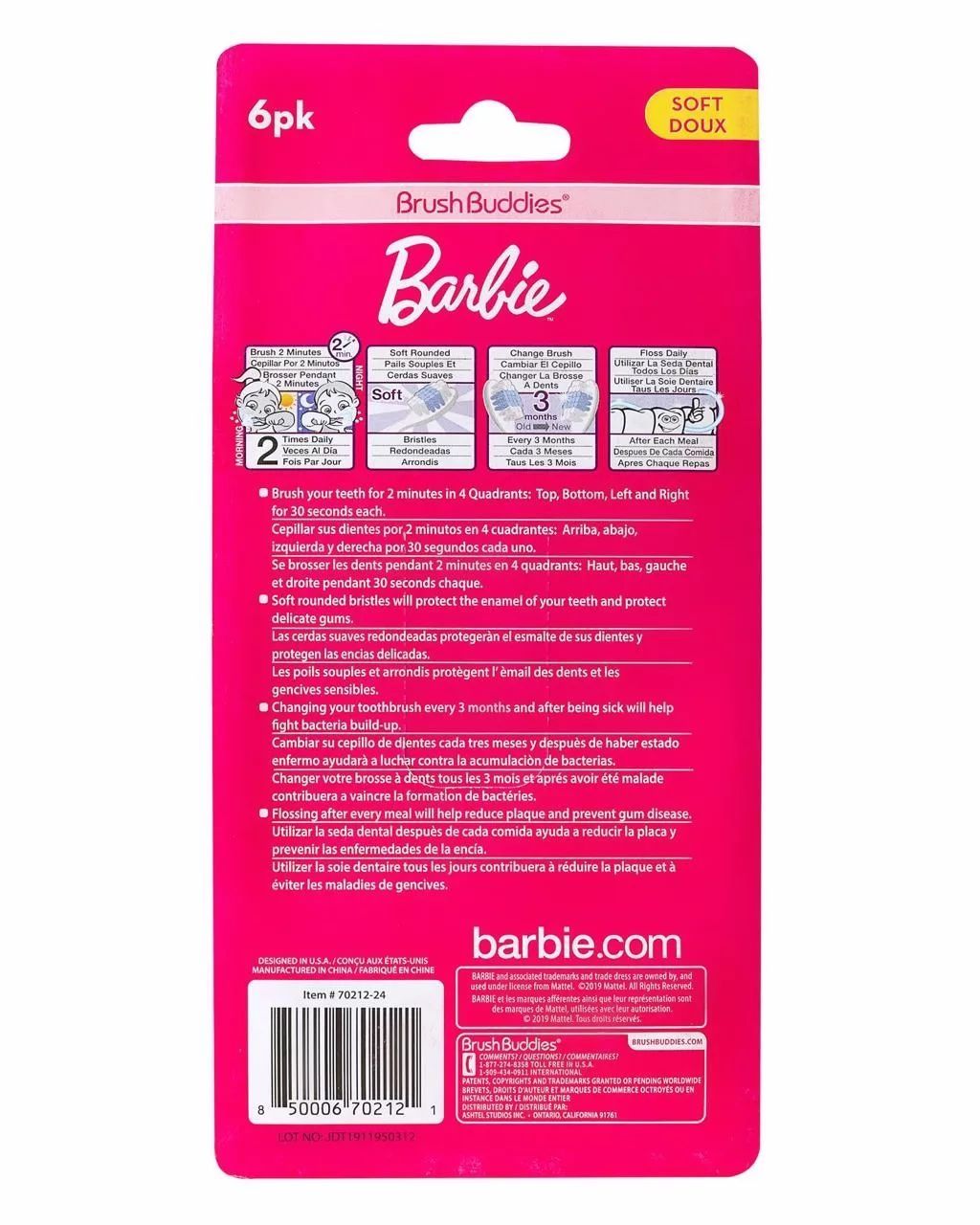 Brush Buddies 6 Pack Barbie Toothbrushes for Kids