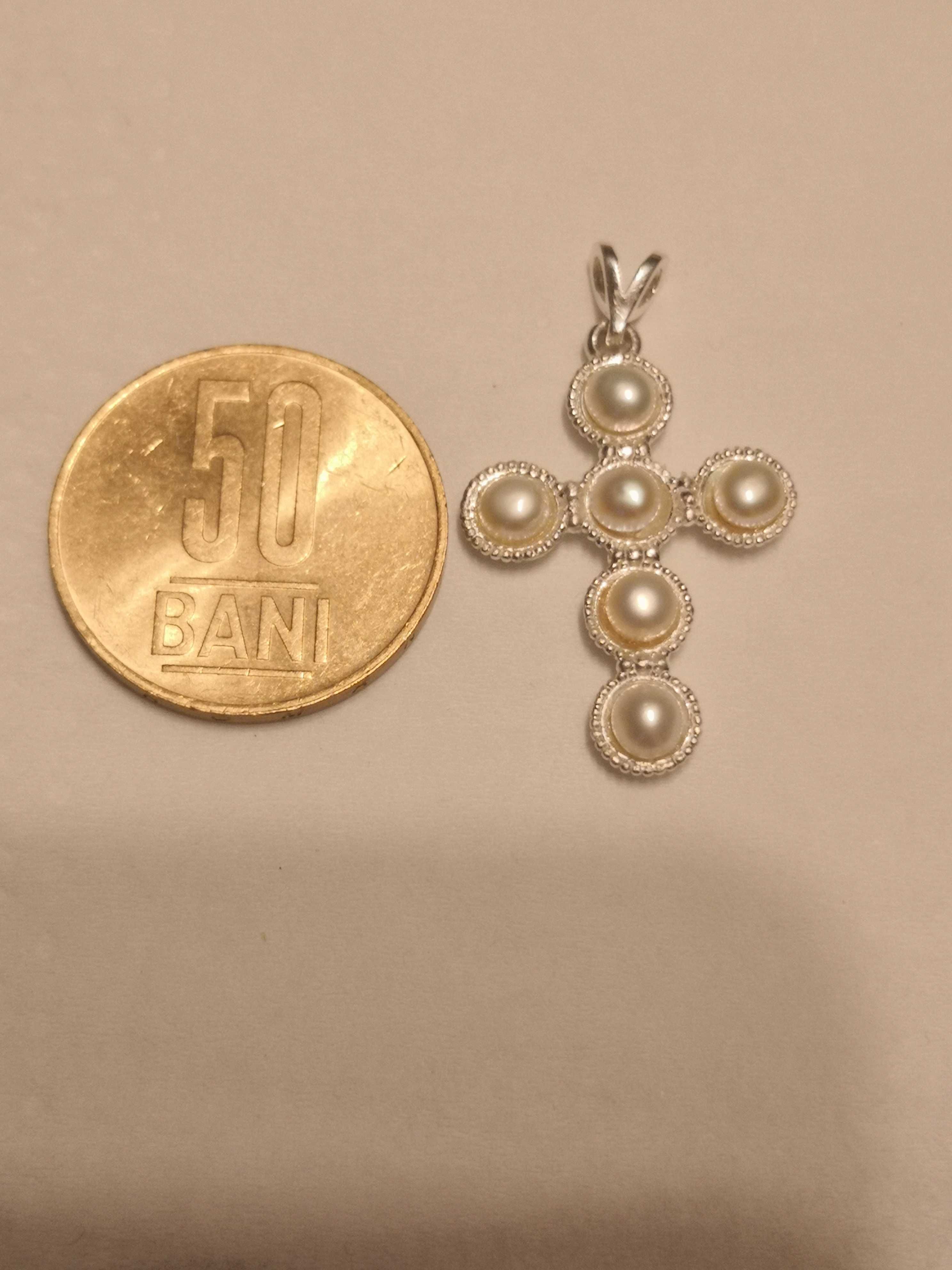 Pandantiv cruce argint perle naturale