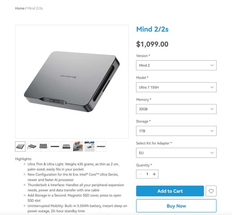 Mini‑PC compact Khadas Mind 2 Ultra 7 155H – 32GB RAM, 1TB SSD