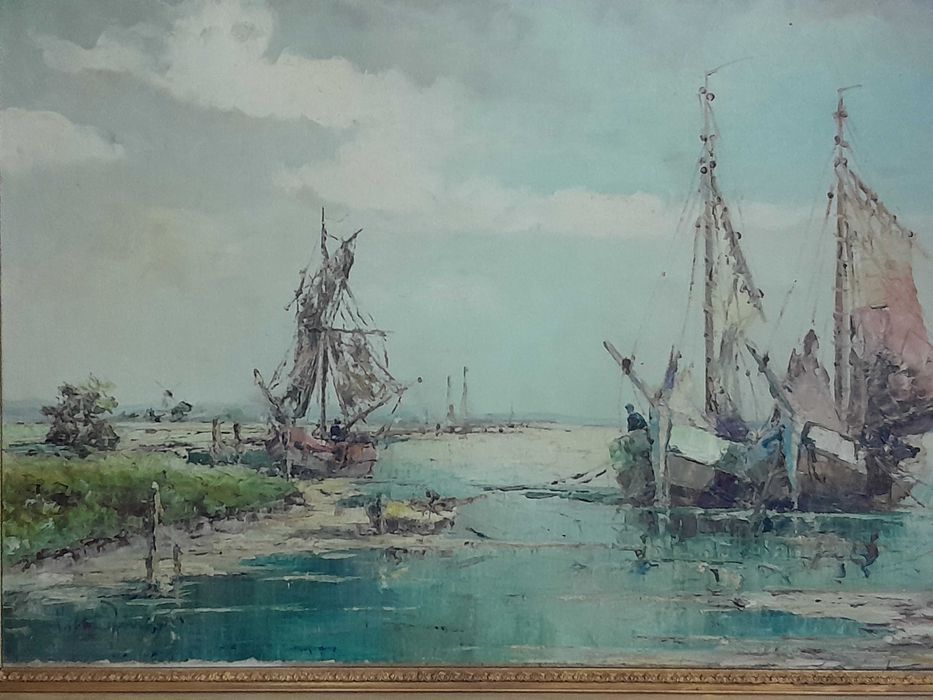 Tablou vechi, pictură flamandă, marină, U/P - 100cm x 80cm, ramă epocă