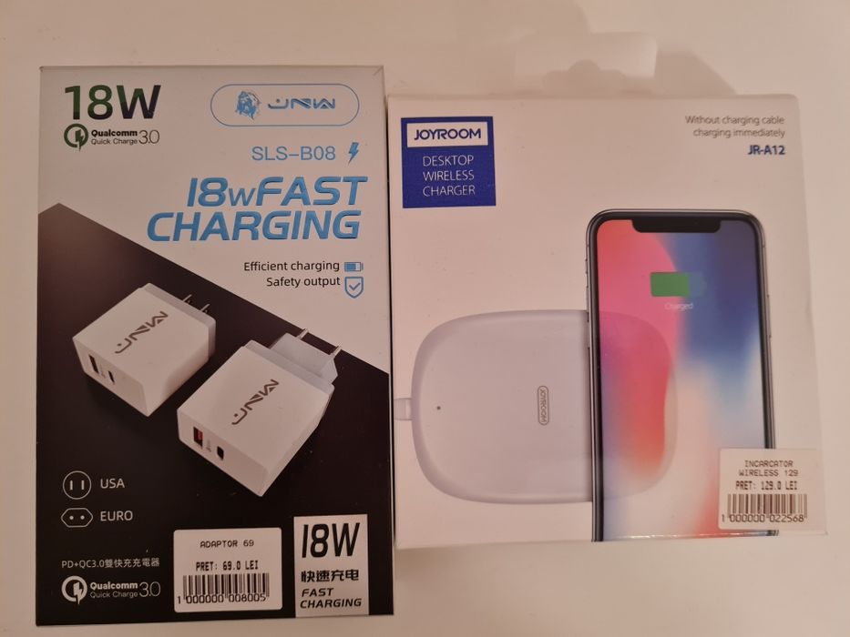 Vând incarcator wireless+adaptor 18w pe alb
