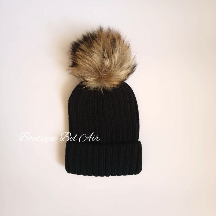 Зимна шапка с помпон от естествен косъм, зимна шапка, естествен пух