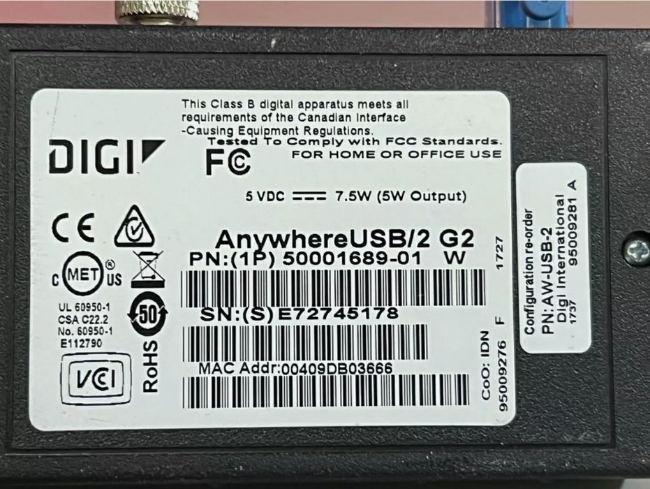 Digi Anywhere USB 2 G2  AW-USB-2 50001689-01 Remote I/O Concentrator