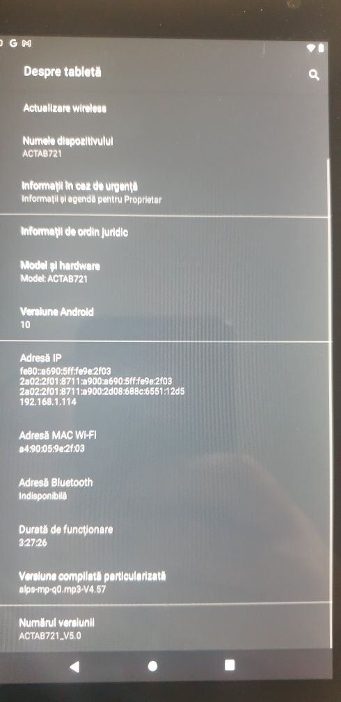 Tabletă Acer model ACTAB721