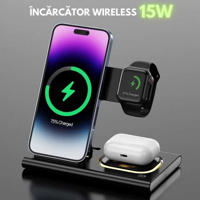 NOU - Incarcator Wireless Fast Charger 15W 3in1 pentru Apple, Samsung