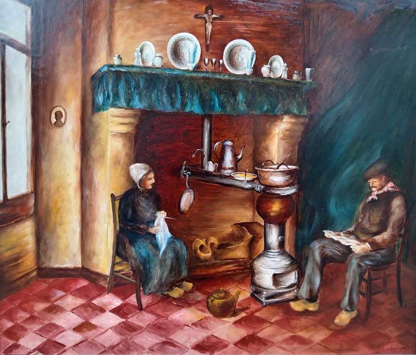 Tablou vechi - interior rustic - semnat indescifrabil