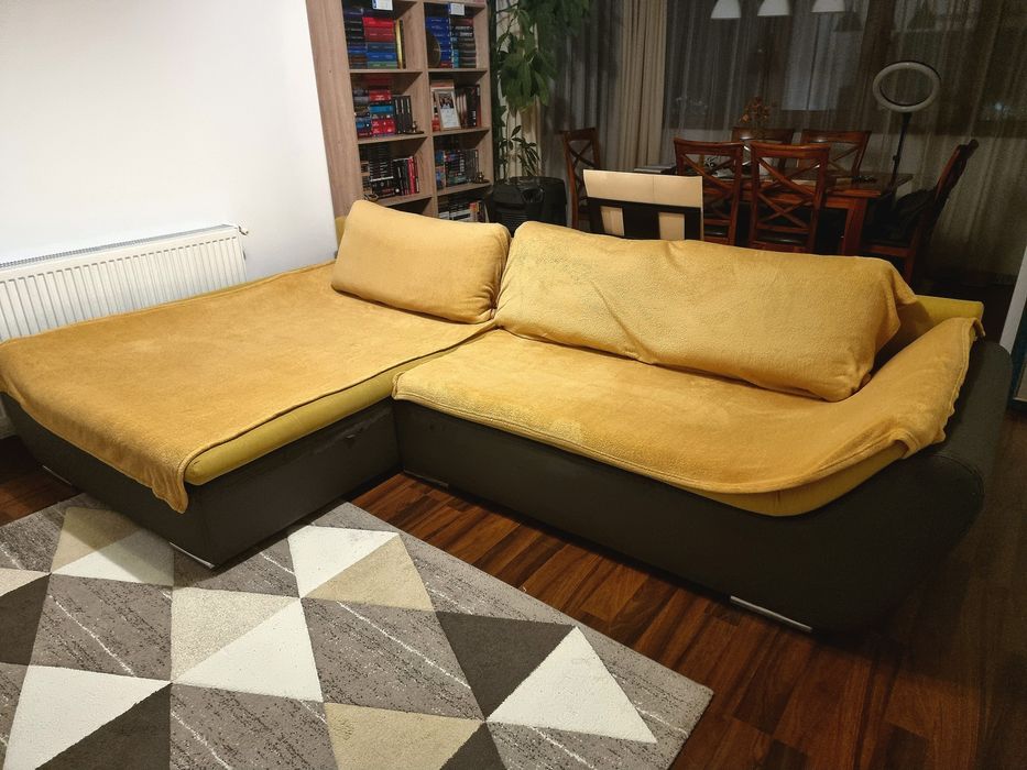 Colțar / Canapea extensibilă Ariva stânga, galben/gri, stofă/piele eco