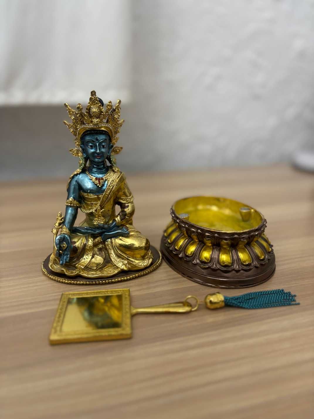 Superbă statuetă Buddha Medicinei+oglindă/metal/19,5cm/preț fix.