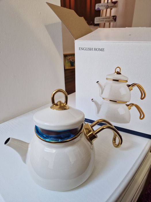 Set ceainic dublu English Home – ceramică albă cu detalii aurii