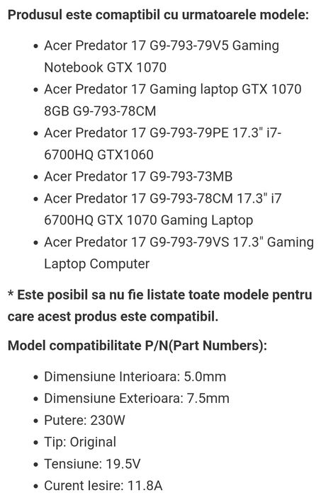 Incarcator original laptop Acer Predator 19.5V 11.8A 230W (7.4x5.0)